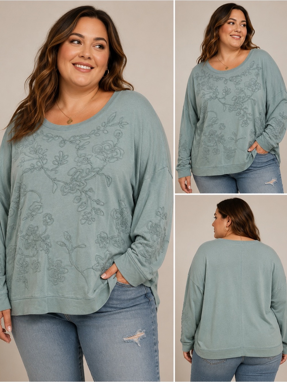 ÇATO Embroidered‎ Crewneck French Terry Sweatshirt Top - Sage Green 3X